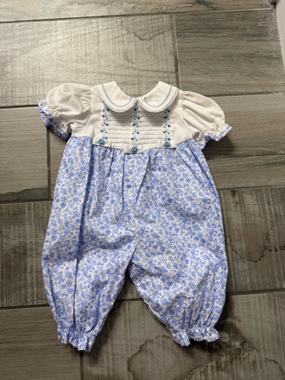 VINTAGE Blue Floral Baby Romper with Peter Pan Collar